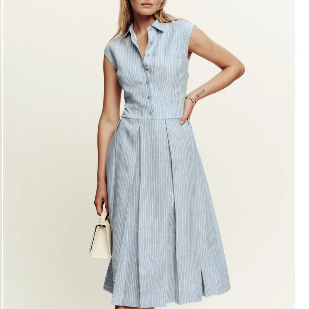 Reformation Prim Linen Dress Sz4 Blue/White Stripes - Picture 2 of 6